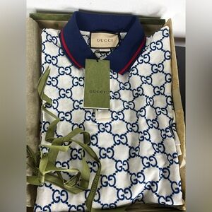 Gucci White Polo with Blue GG Monogram and Navy Collar. Authentic